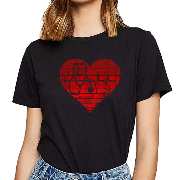 Tops T Shirt Women funny nurse valentines day heart O-Neck Vintage Short Female Tshirt